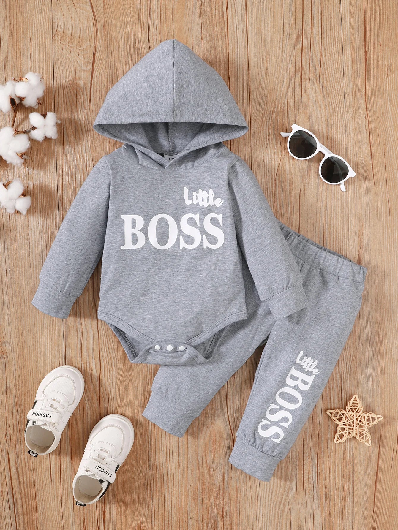 Light Winter  Infant Baby Boy Long Sleeves Cotton Hooded  Little Boss 2 Piece Set