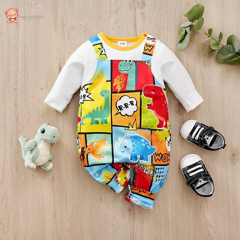 Colourful and Cute Dinosaur Long Sleeved Baby Jumpsuit