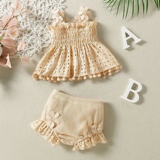 Sweet Baby 2 pc Breathable Pure Cotton Set - Flower Top+Ruffled Shorts