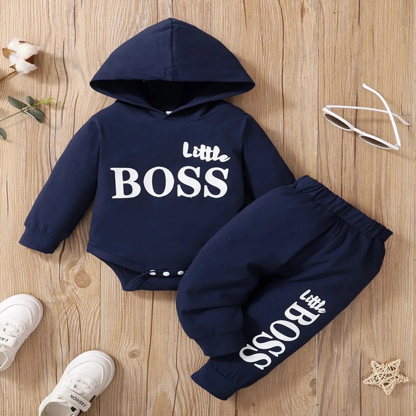 Light Winter  Infant Baby Boy Long Sleeves Cotton Hooded  Little Boss 2 Piece Set